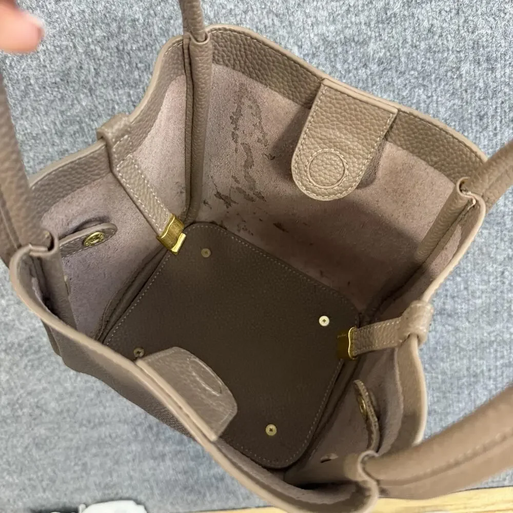 Songmont Mini Tote Bag in Taupe Pebbled Leather Top Handle Bucket Minimalist